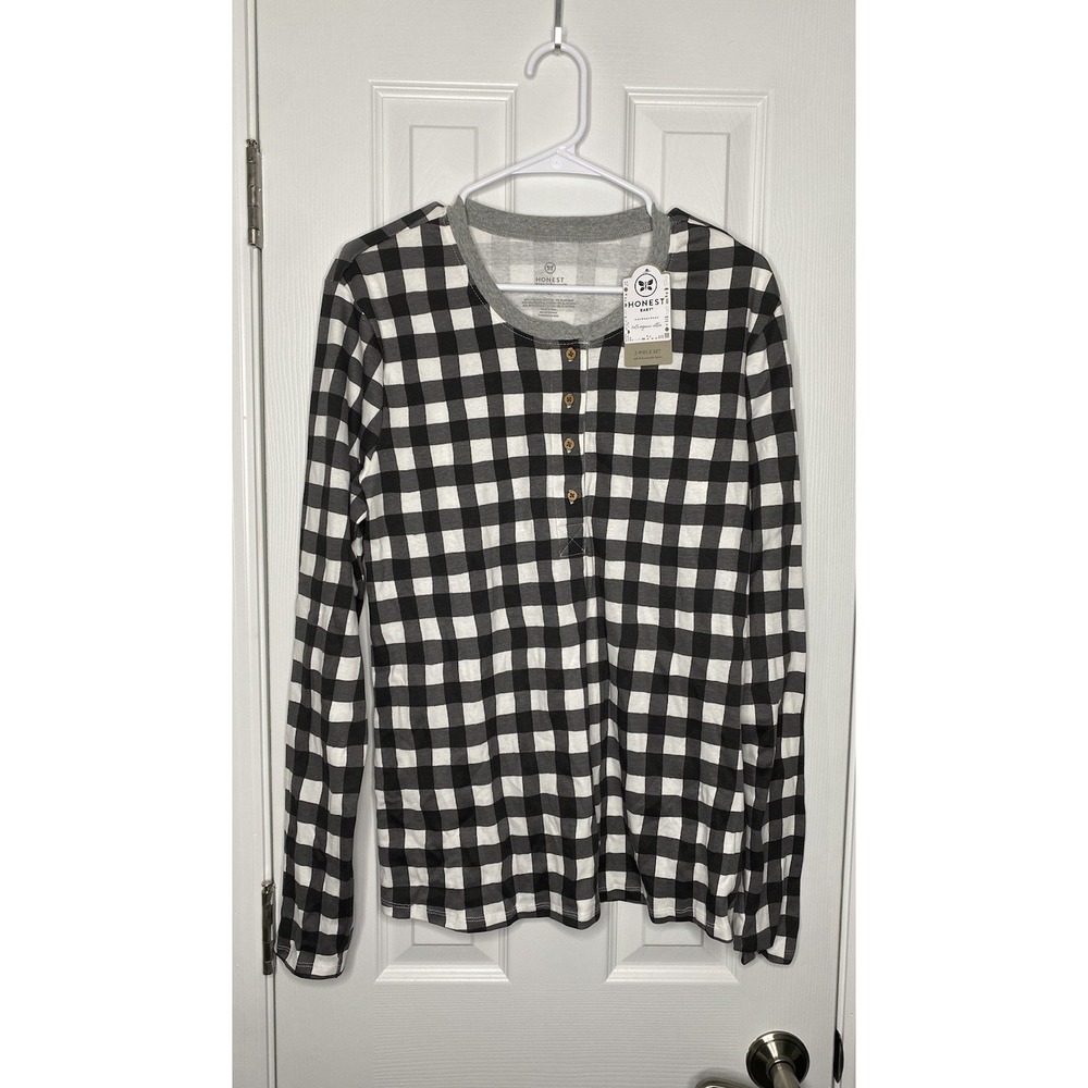 Honest Baby Clothing Women's Henley Pajama Shirt‎ Black White Check Large New